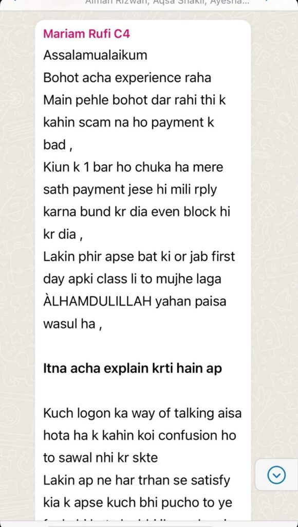 A WhatsApp message from Mariam Rufi