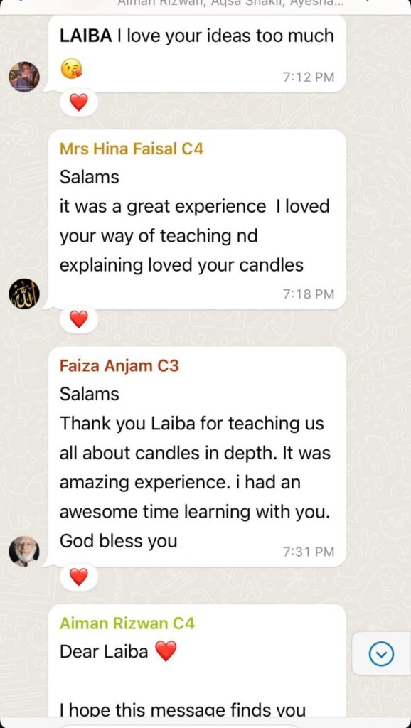 A WhatsApp message from Mrs Hina Faisal and Faiza Anjam