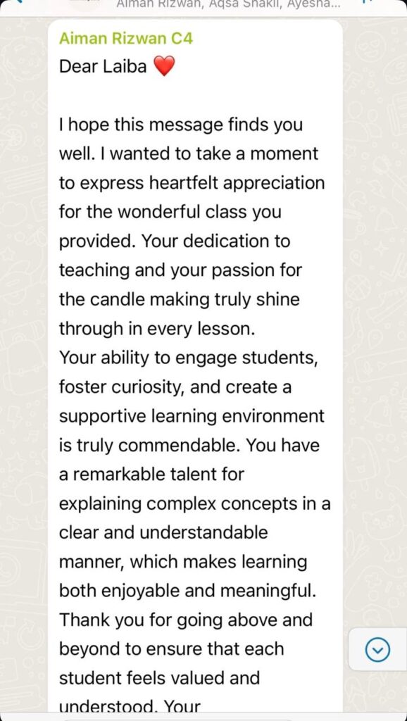 A WhatsApp message from Aiman Rizwan