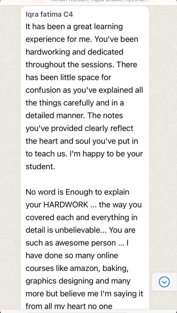 A WhatsApp message from Iqra Fatima