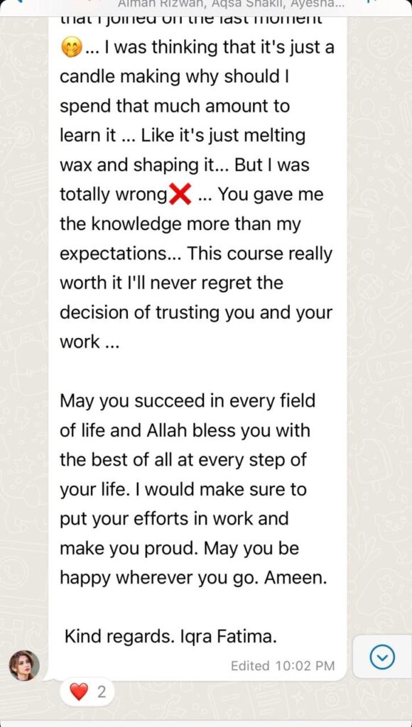 A WhatsApp message from Iqra Fatima, concluded