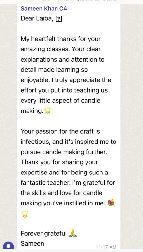 A WhatsApp message from Sameen Khan
