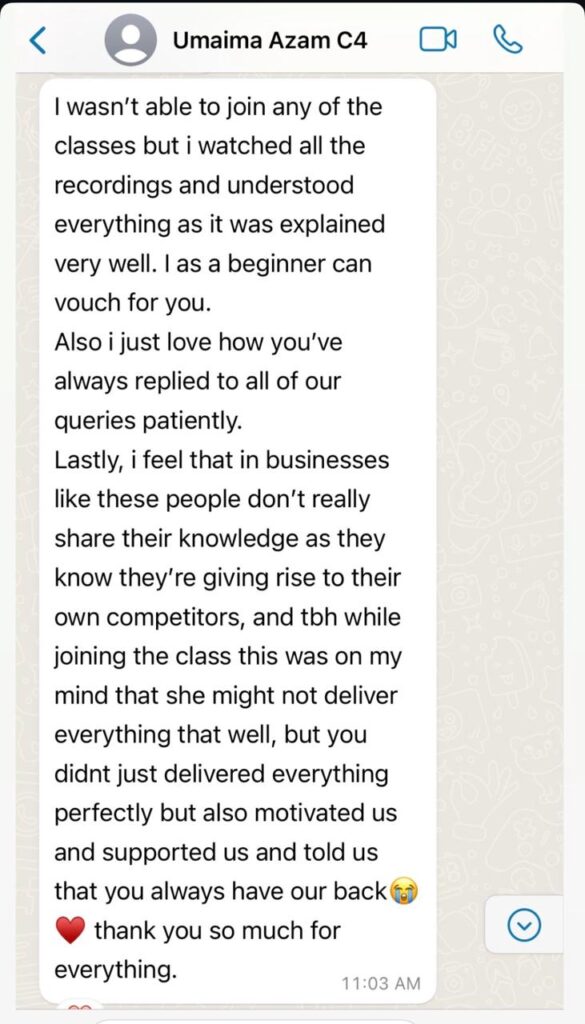 A WhatsApp message from Umaima Azam