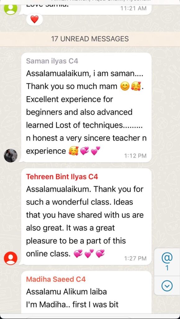 A WhatsApp message from Saman Ilyas and Tehreen Bint Ilyas